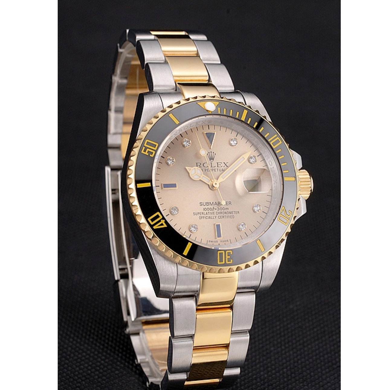 Aaa replica Bezel Black Markings Steel Swiss Diamond Tone Rolex Submariner Bracelet Dial Gold Two Gold 0521